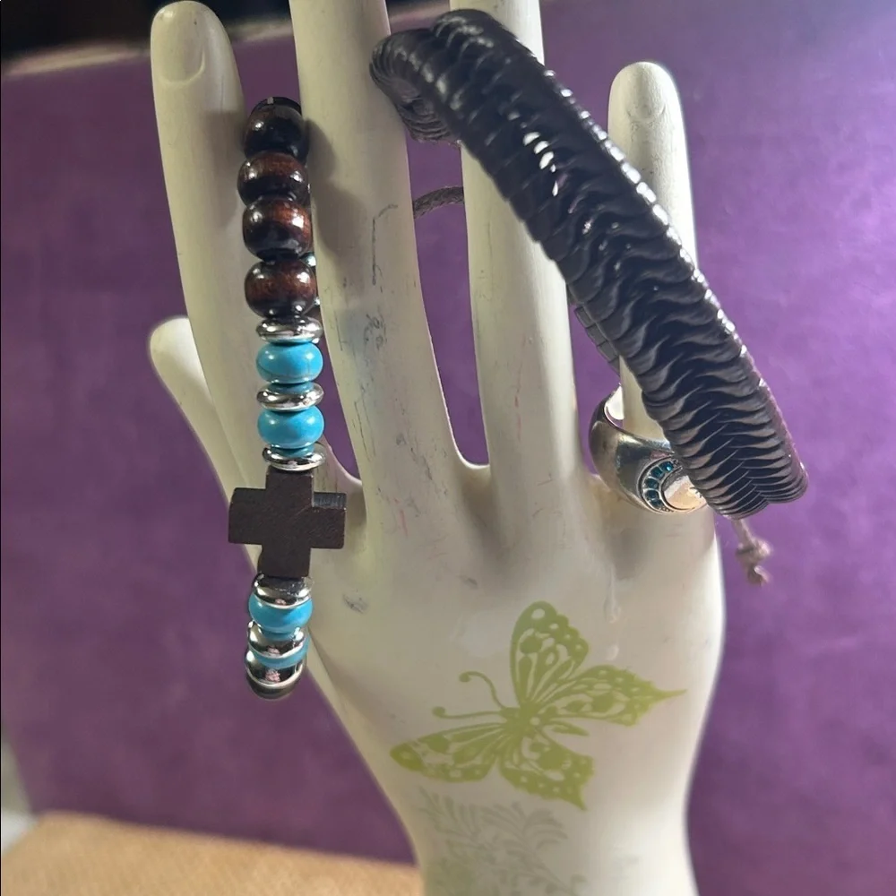 Wooden, Turquoise & Silver Bead and Braided Leather Bracelet Bundle (B)